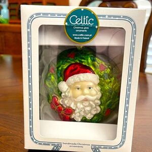 Celtic Christmas glass Santa ornament